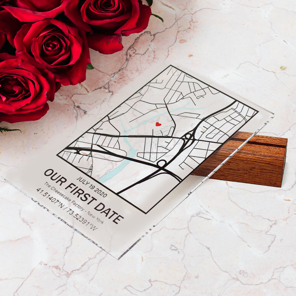 Personalised 'Our First Date' Map Location Acrylic Plaque On Stand