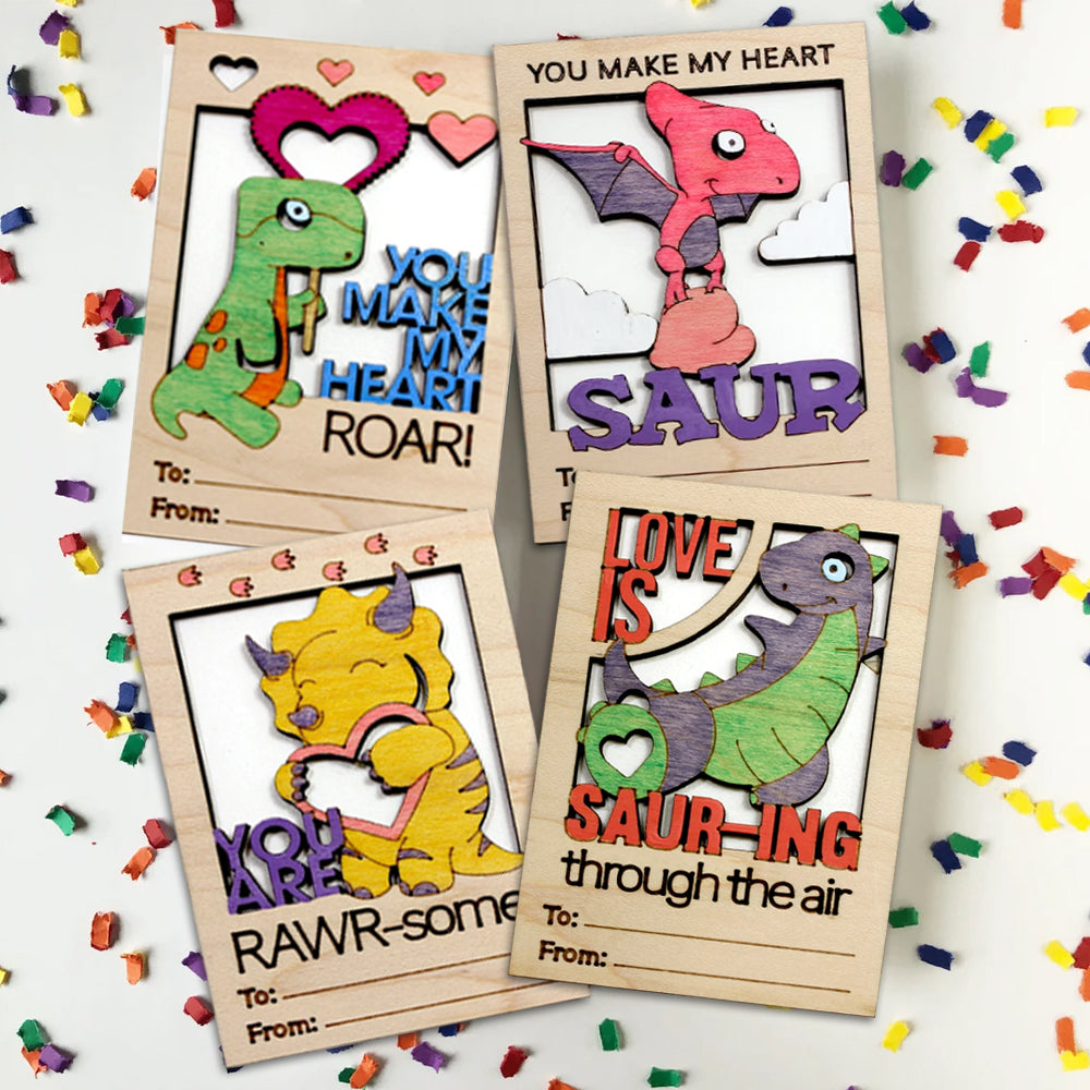 Set 5 Valentines DIY Dinosaur Paint Card Craft - Classroom Valentine