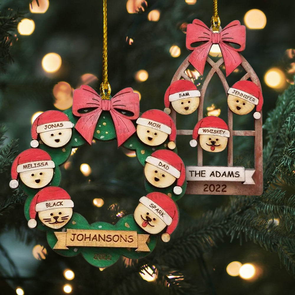 Wooden Family Window And Wreath Ornament - Personalized Christmas Ornament