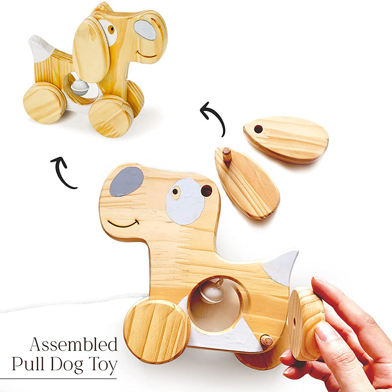 Handmade wooden pull dog toy