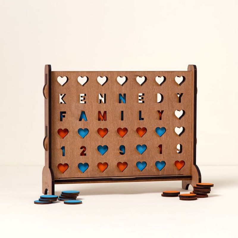 Personalized heart four-across game - Wooden board game and gift for him, for her
