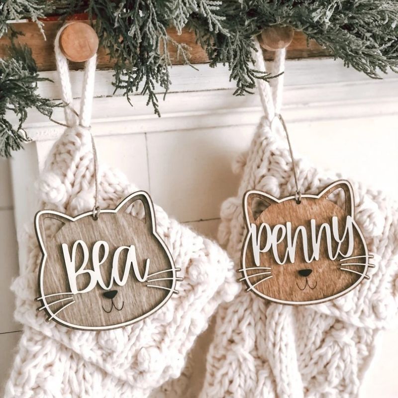 Personalized Wooden Cat Christmas Stocking Name Tag And Ornament