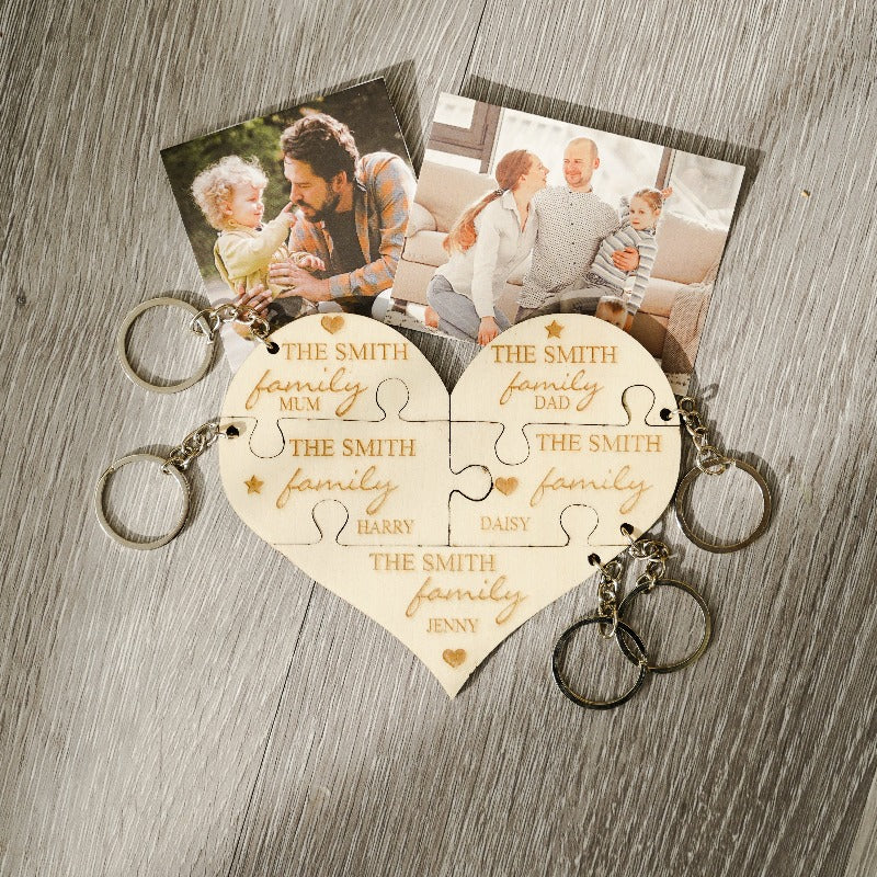 Family Heart Wooden Jigsaw Keyring, Meaningful Gift For Your Family