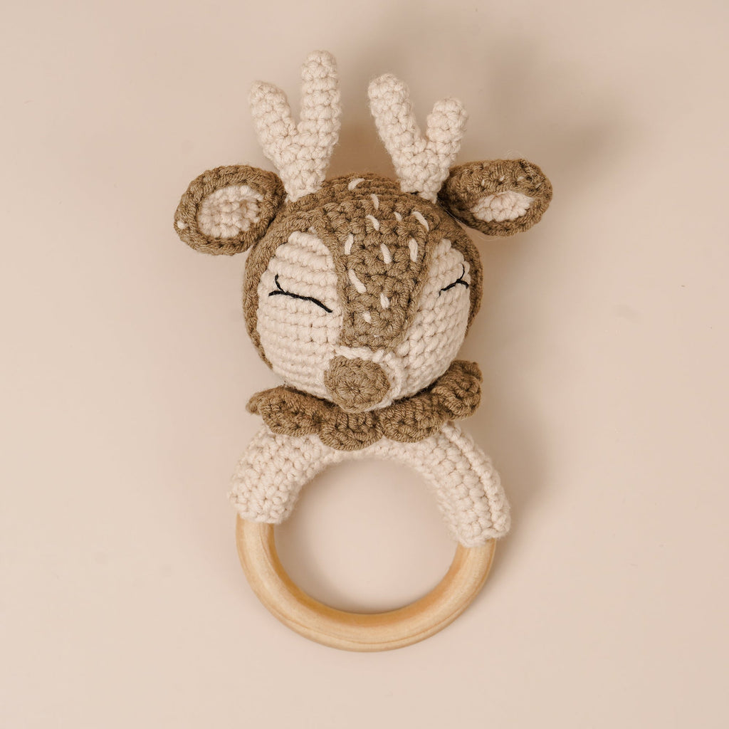 Baby reindeer crochet rattle ring