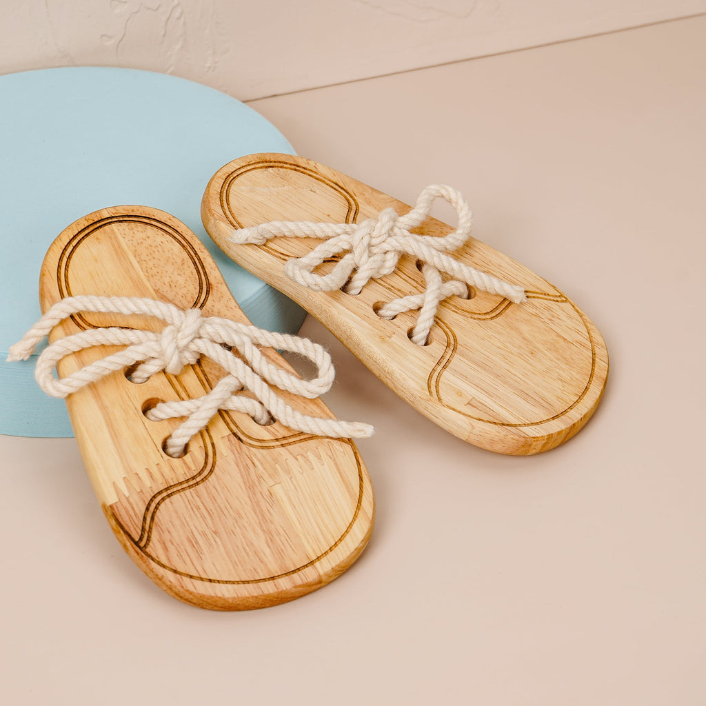 Wooden shoes lacing toy