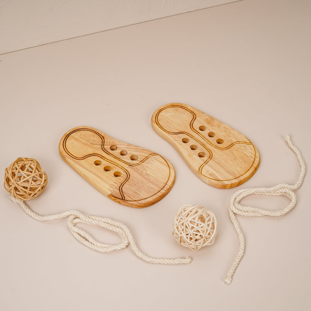 Wooden shoes lacing toy