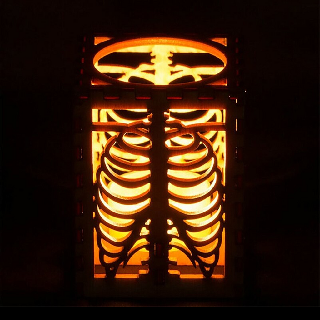 Halloween Skeleton Rib Shadow Lamp Wooden 3D Projection Vintage Candle Light
