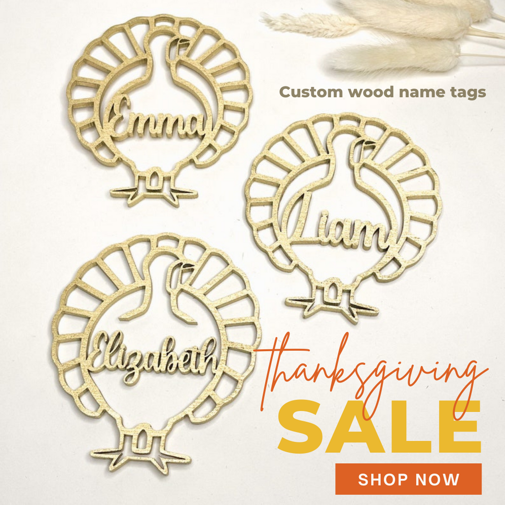 Thanksgiving Custom Wood Turkey Place Tags Names | Gather, Thankful, Blessed