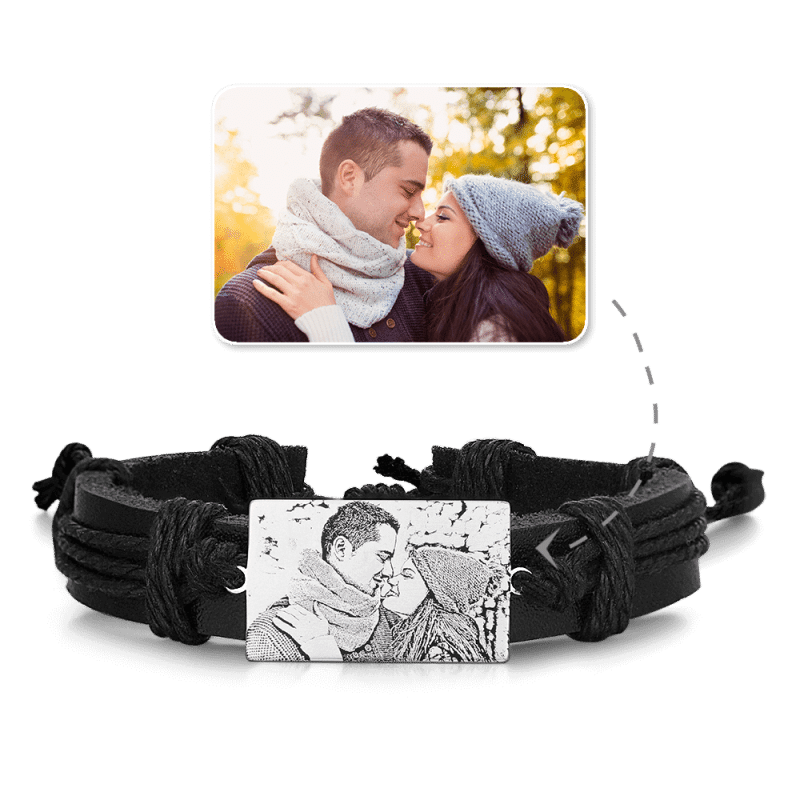 Personalised Photo Engraved Men's Leather Bracelet - Gifts for Him