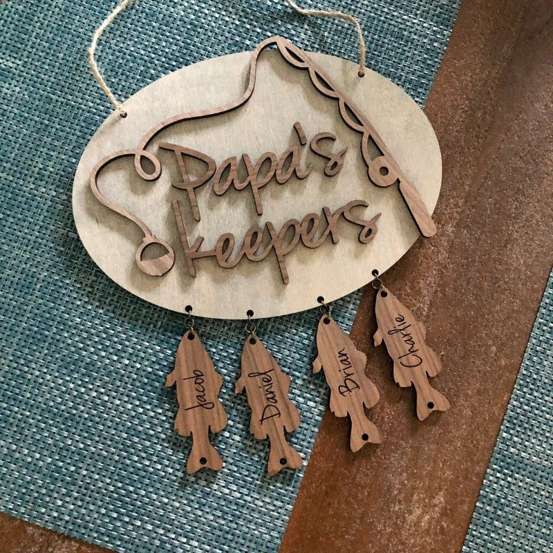 Papa's Keepers Fishing Themed, Personalized Wooden Hanging Best-Catch Sign, Father’s Day Gift