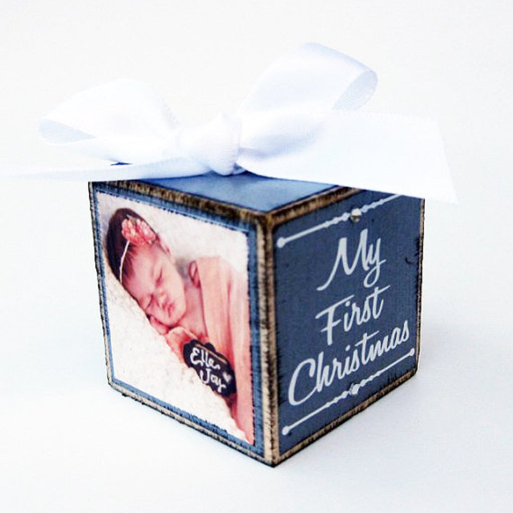 Baby's First Christmas Ornament, Personalized Photo Block Ornament Keepsake