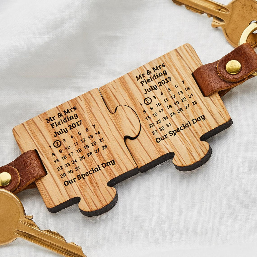 Personalised Puzzle Couples Calendar Keychain - Wooden 5th Anniversary Gift