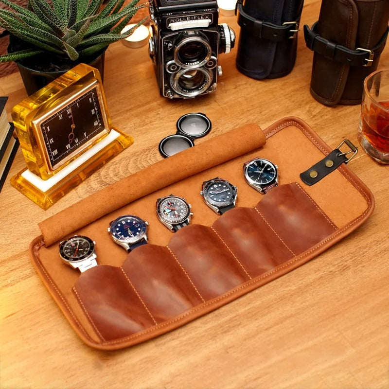Personalized Leather Watch Roll Case - Travel Watch Roll