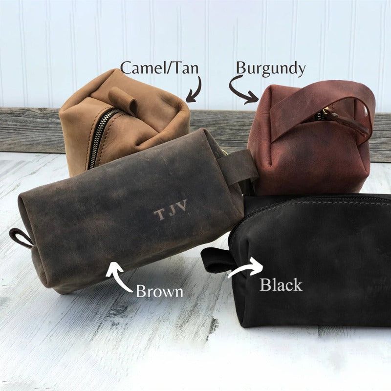 Personalized Mens Leather Toiletry Bag - Monogrammed Leather Dopp Kit