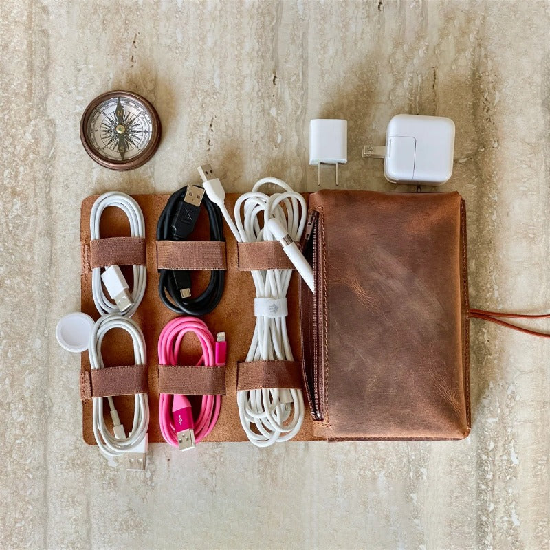 Leather Cable and Charger Organizer Bag, Travel Charger Roll