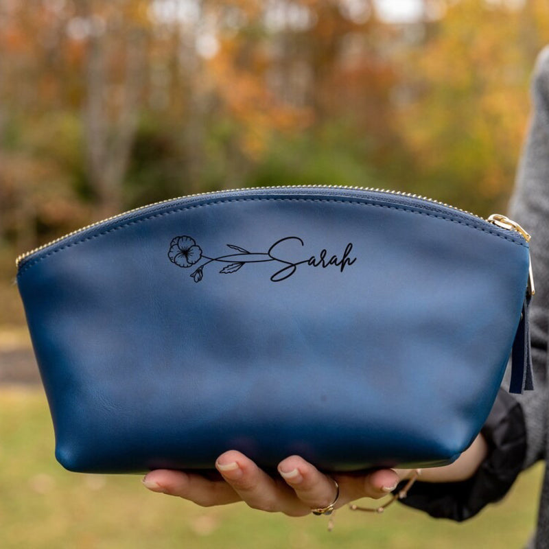 Personalized Leather Birth Flower Make Up Bag - Gift For Mom