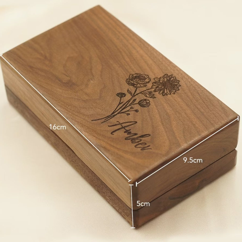 Personalized Engraved Wooden Birth Flower Jewelry Box - Gift For Mom