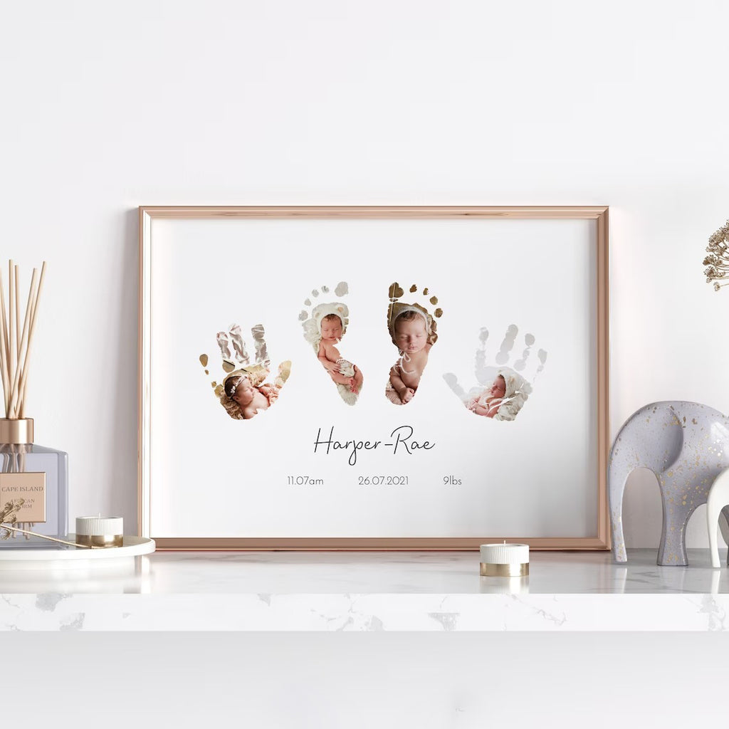 Personalized Wooden Baby Handprint Footprint Photo Frame - Gift for new mom