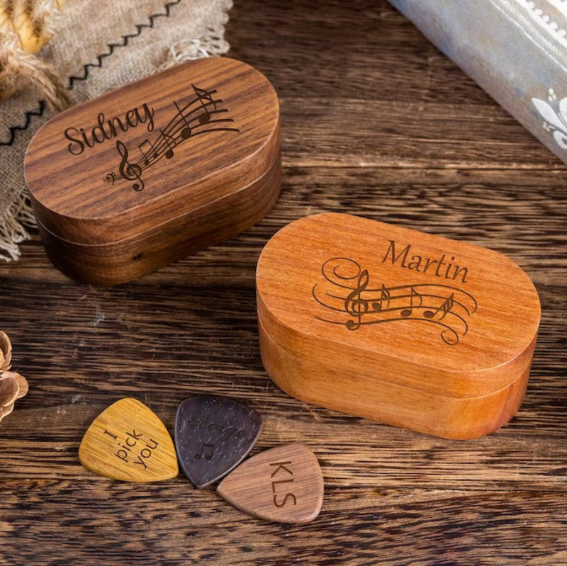 Personalized Wooden Guitar Pick Case and Guitar Picks - Christmas Gift for Guitarists