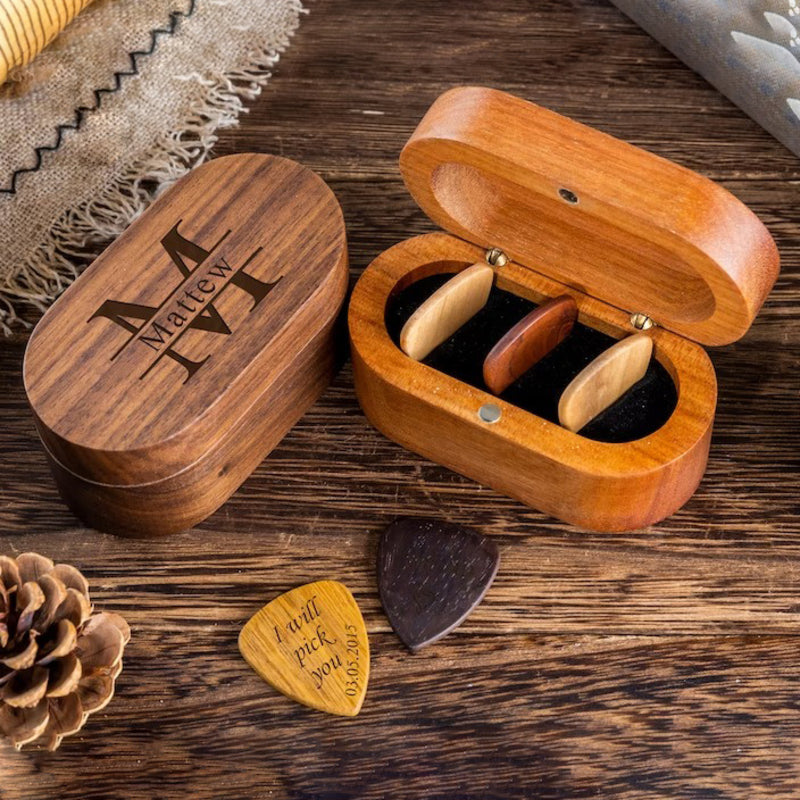 Personalized Wooden Guitar Pick Case and Guitar Picks - Christmas Gift for Guitarists