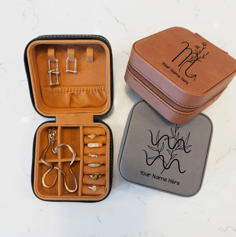 Personalized Leather Zodiac Sign Jewelry Travel Case - Gift For Mom
