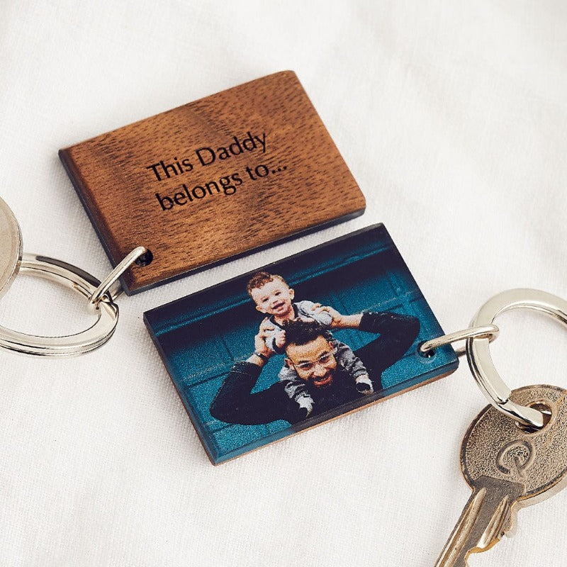 "This Daddy Belongs To…" Wood and Acrylic Photo Keychain
